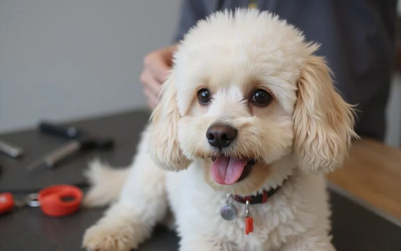 A fluffy dog being gently groomed by a smiling professional groomer in a clean, well-lit pet salon in Petaling Jaya, with grooming tools neatly arranged on a countertop nearby