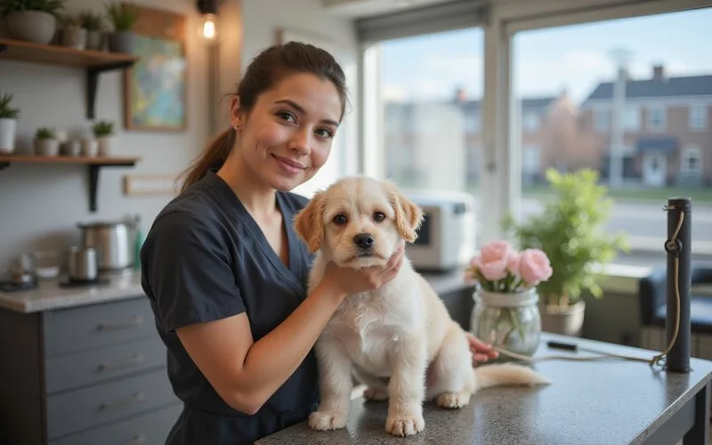 A calm and well-lit pet grooming salon in Petaling Jaya where a groomer gently trims a small dog on a grooming table